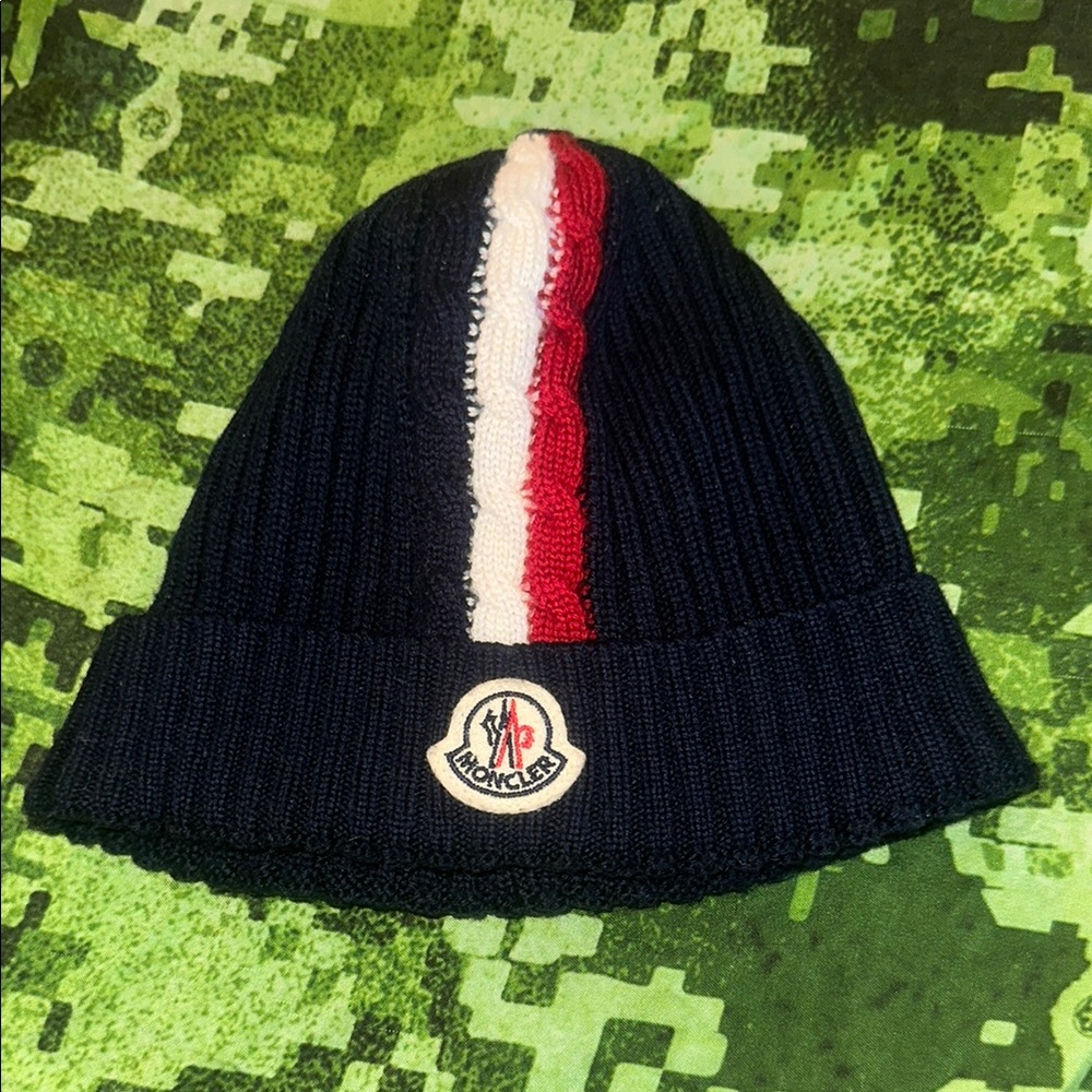 Moncler Dark Blue Beanie with Tricolor Stripe